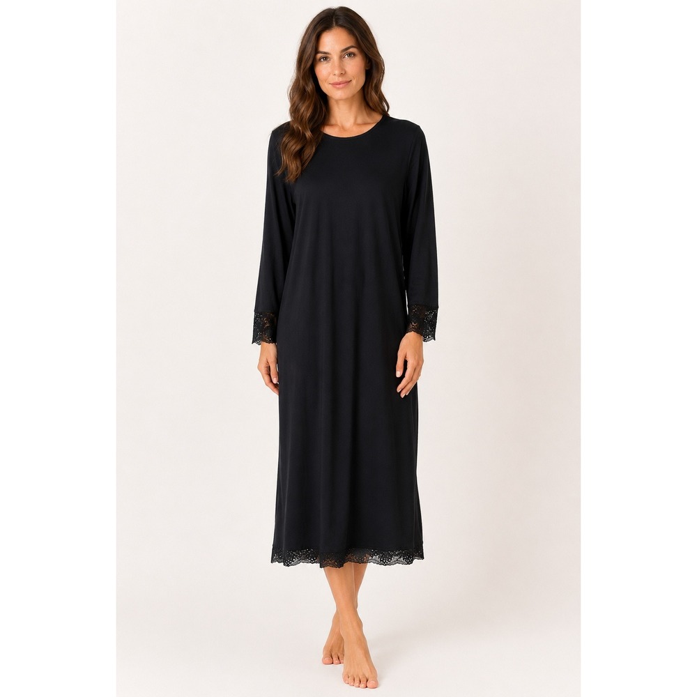 Hanro Nightgown Lucy NW Large Black Lace Trim Modal Silk Long Sleeve